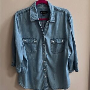 N Touch Light Blue Denim Super Soft Button-Front 3/4 Sleeve Shirt Size Large